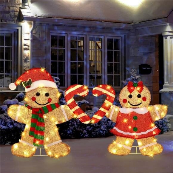 22.5’’ Lighted Christmas Yard Decor 2pcs Light Up Gingerbread Man Couple Decor - Picture 7 of 8